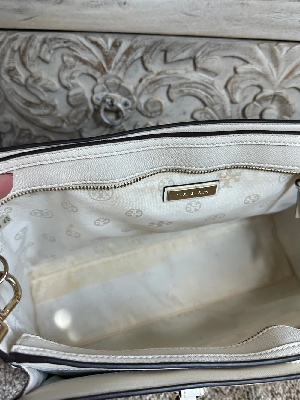 Tory Burch Cream Saffiano Leather Satchel with Detachable Strap